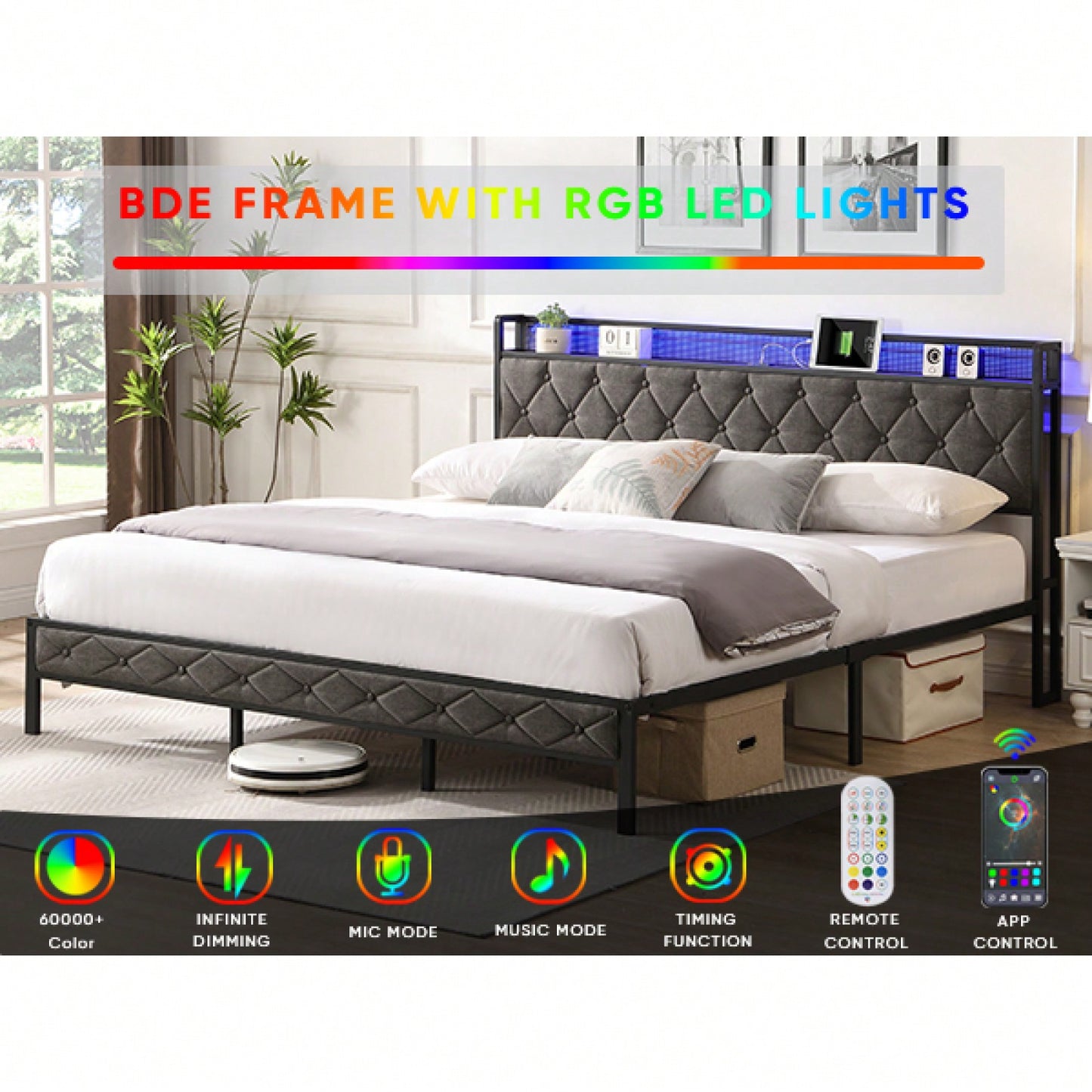 King Upholstered Bed Frame with Storage Headboard Charging Station LED Lights Heavy Metal Slats No Box Spring Needed Easy Assembly