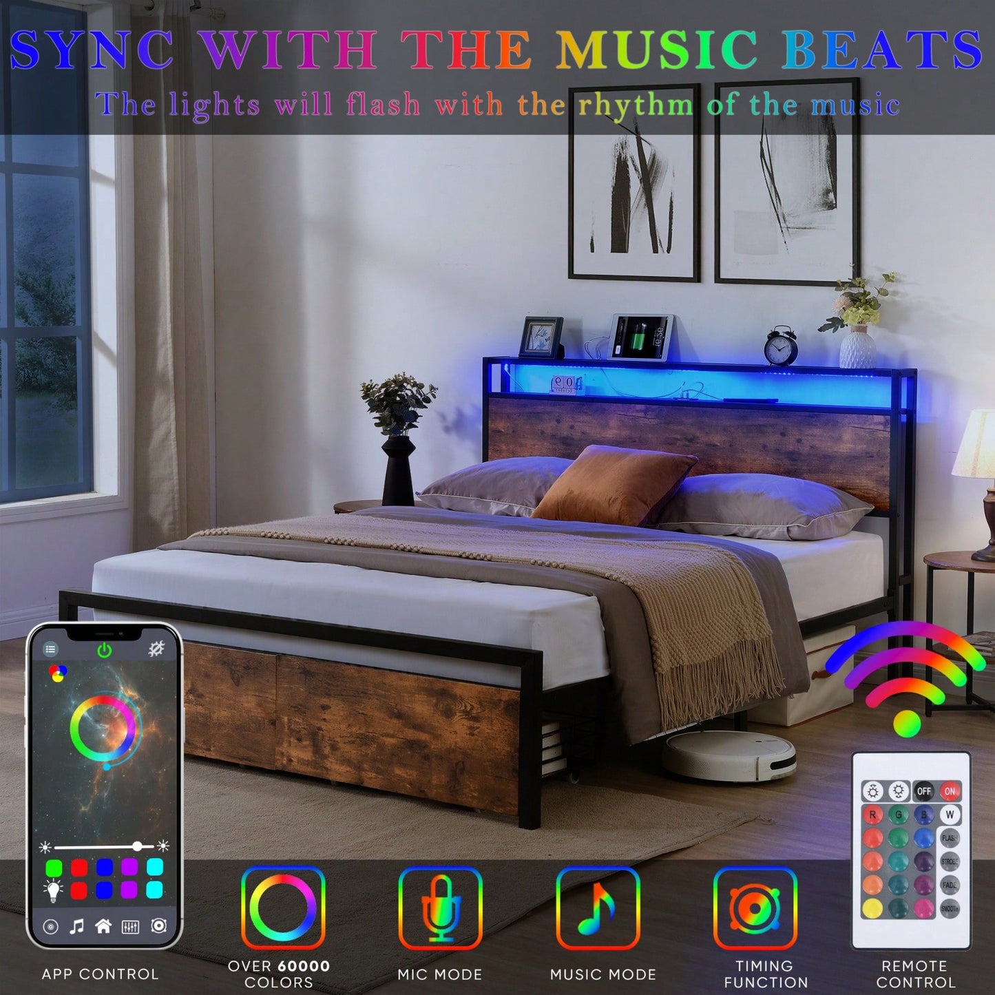 Queen Platform Bed Frame with Storage Headboard LED Lights Charging Station Noise-Free Design Easy Assembly