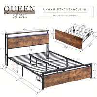 Queen Platform Bed Frame with Storage Headboard LED Lights Charging Station Noise-Free Design Easy Assembly