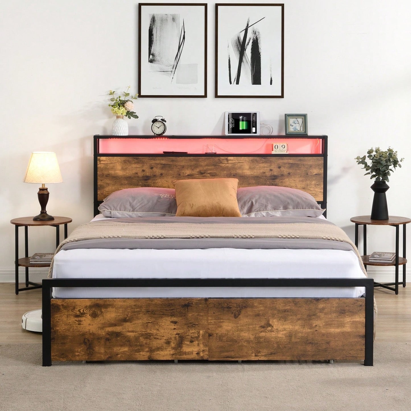 Queen Platform Bed Frame with Storage Headboard LED Lights Charging Station Noise-Free Design Easy Assembly