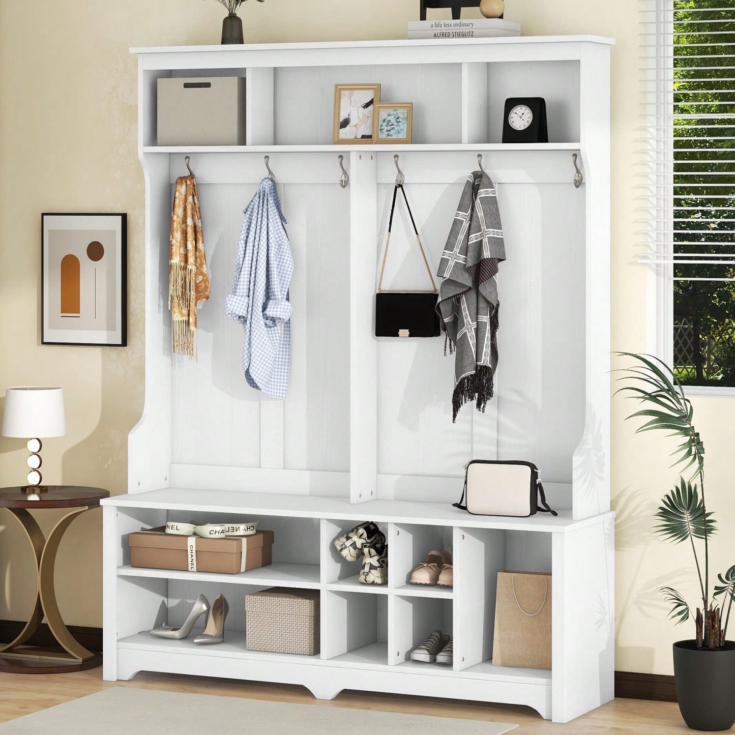 Stylish Modern Hall Tree with Metal Hooks and Shoe Cubbies for Organized Entryway Storage