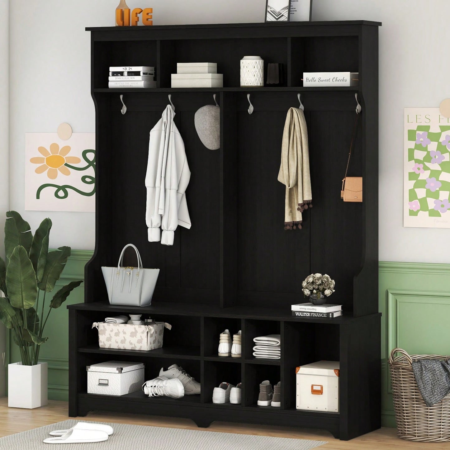 Stylish Modern Hall Tree with Metal Hooks and Shoe Cubbies for Organized Entryway Storage