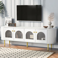 Contemporary Curved TV Stand for Up to 80 Inch TVs Stylish 4 Cabinet Media Console with Metal Legs and Gold Accents