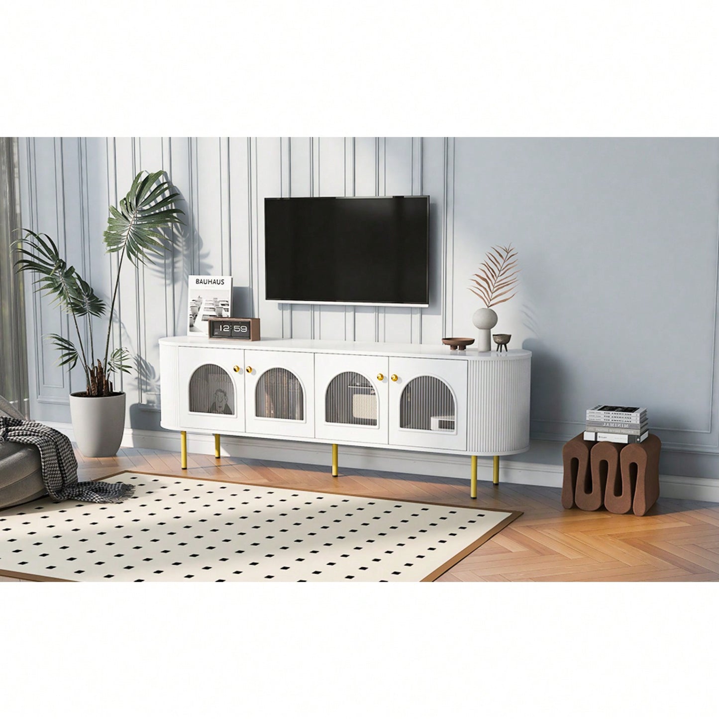 Contemporary Curved TV Stand for Up to 80 Inch TVs Stylish 4 Cabinet Media Console with Metal Legs and Gold Accents