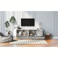 Contemporary Curved TV Stand for Up to 80 Inch TVs Stylish 4 Cabinet Media Console with Metal Legs and Gold Accents