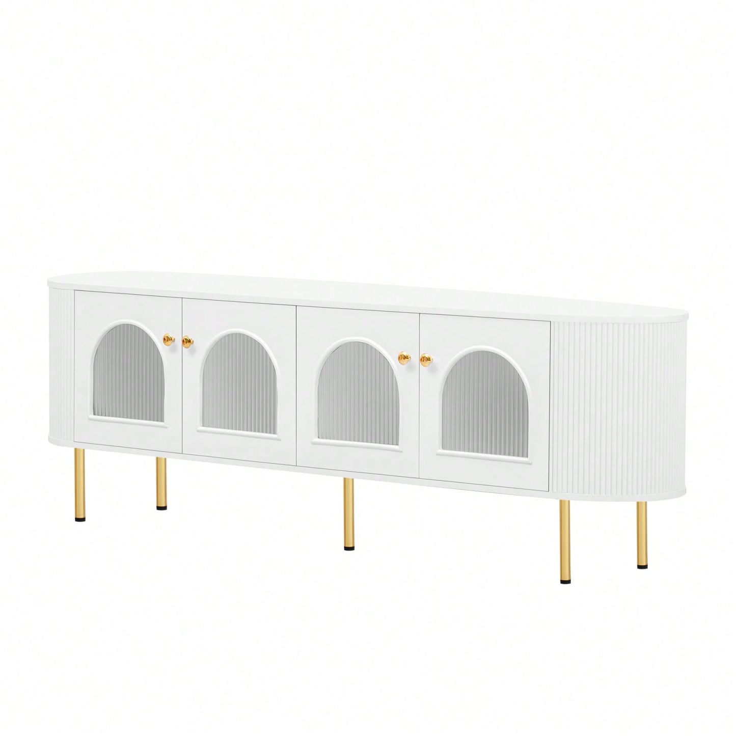 Contemporary Curved TV Stand for Up to 80 Inch TVs Stylish 4 Cabinet Media Console with Metal Legs and Gold Accents