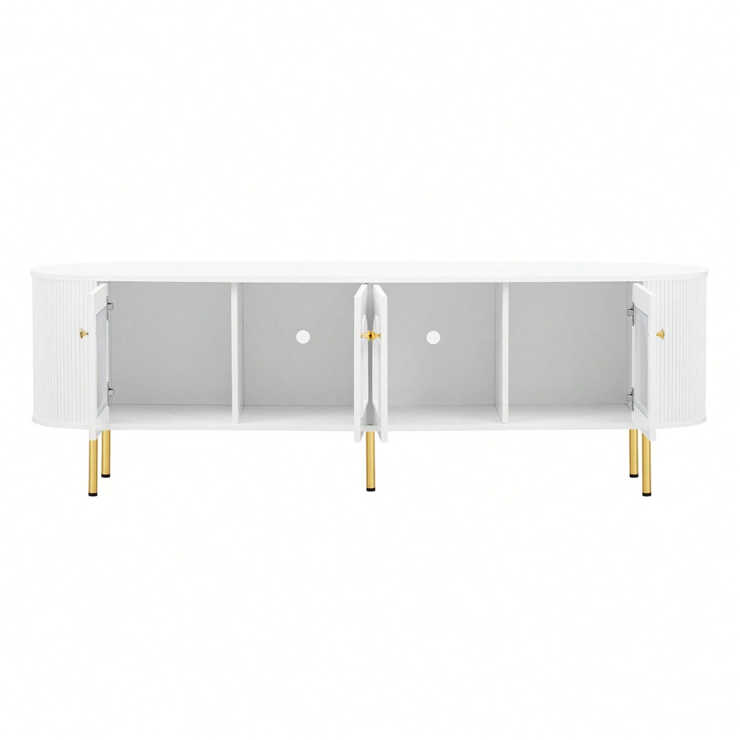 Contemporary Curved TV Stand for Up to 80 Inch TVs Stylish 4 Cabinet Media Console with Metal Legs and Gold Accents