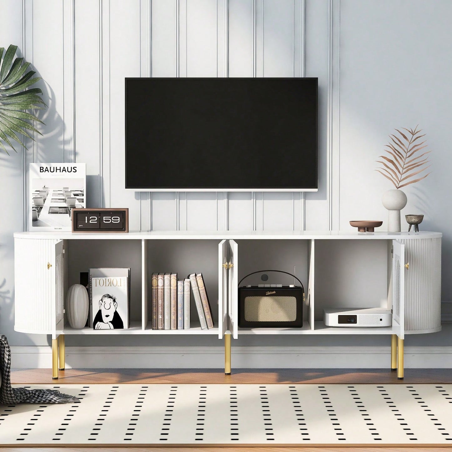 Contemporary Curved TV Stand for Up to 80 Inch TVs Stylish 4 Cabinet Media Console with Metal Legs and Gold Accents