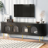 Contemporary Curved TV Stand for Up to 80 Inch TVs Stylish 4 Cabinet Media Console with Metal Legs and Gold Accents