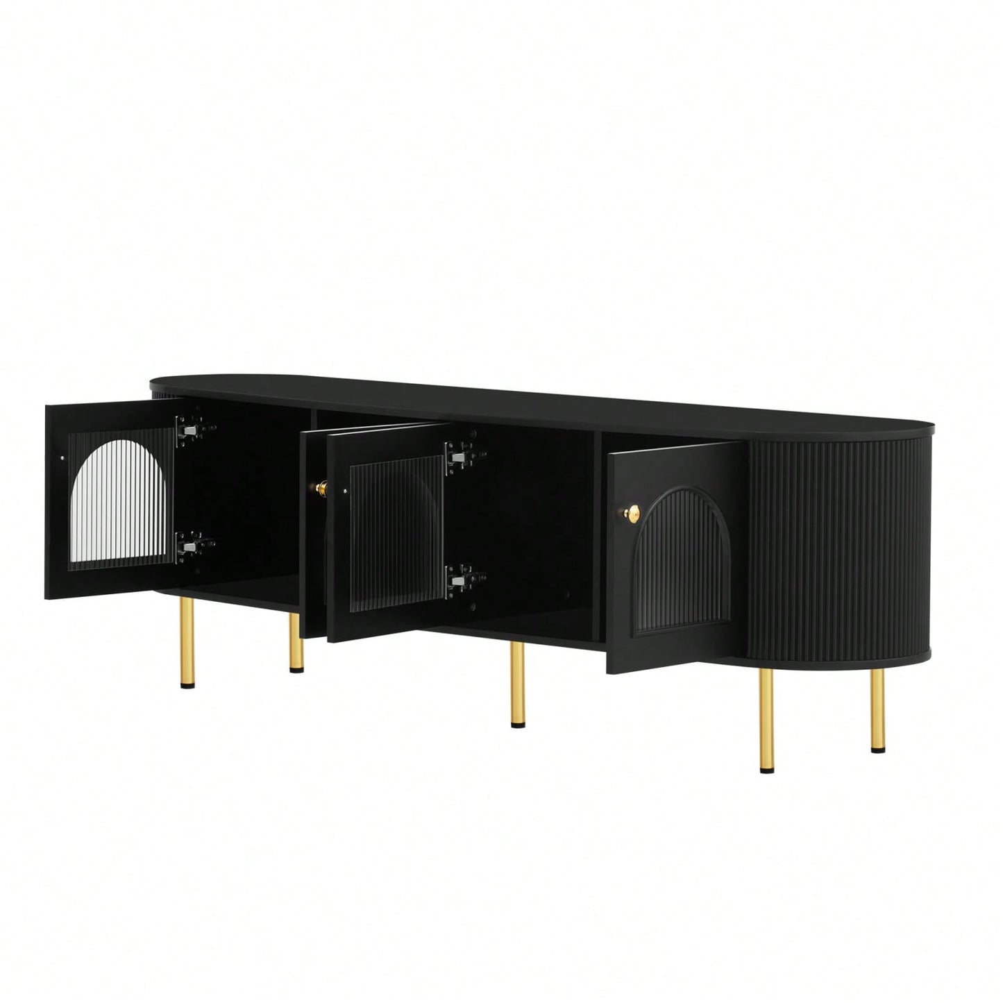 Contemporary Curved TV Stand for Up to 80 Inch TVs Stylish 4 Cabinet Media Console with Metal Legs and Gold Accents