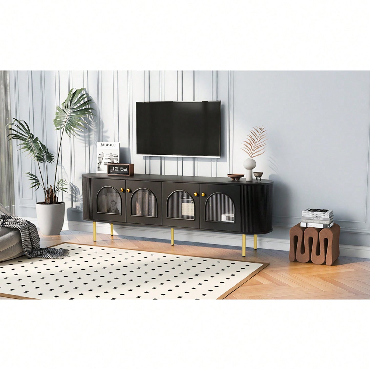 Contemporary Curved TV Stand for Up to 80 Inch TVs Stylish 4 Cabinet Media Console with Metal Legs and Gold Accents