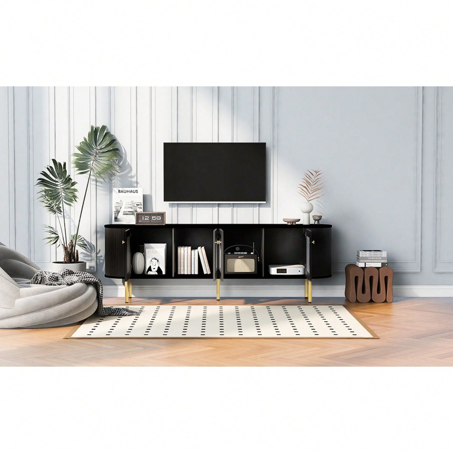 Contemporary Curved TV Stand for Up to 80 Inch TVs Stylish 4 Cabinet Media Console with Metal Legs and Gold Accents