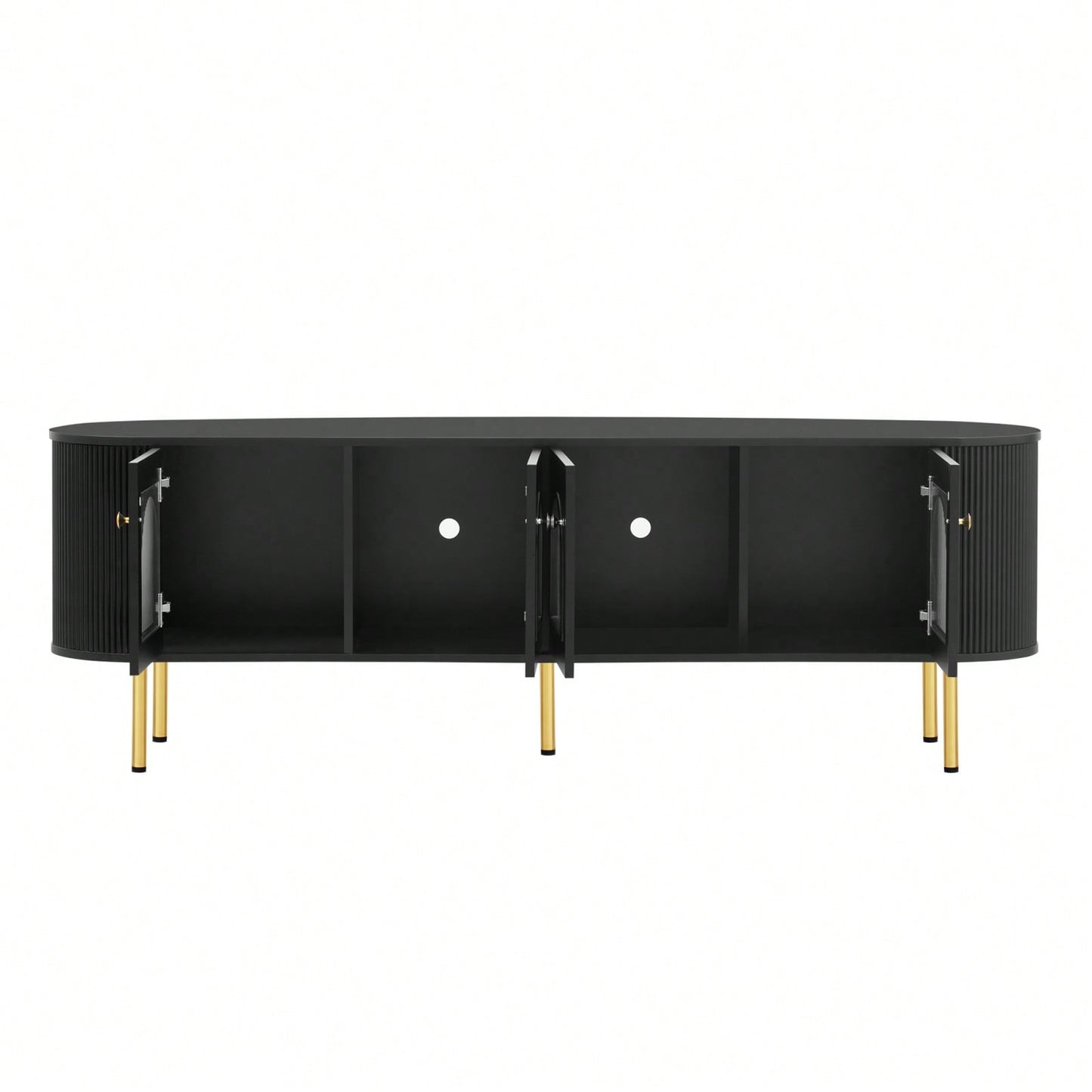 Contemporary Curved TV Stand for Up to 80 Inch TVs Stylish 4 Cabinet Media Console with Metal Legs and Gold Accents