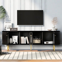 Contemporary Curved TV Stand for Up to 80 Inch TVs Stylish 4 Cabinet Media Console with Metal Legs and Gold Accents