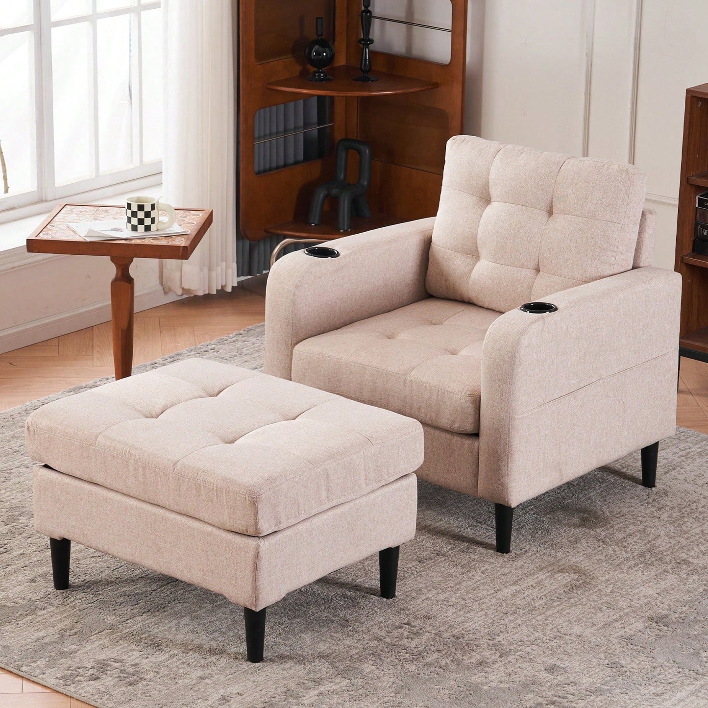 Tufted Upholstered Armchair and Storage Ottoman Set with Cup Holders and Side Pocket for Living Room or Bedroom