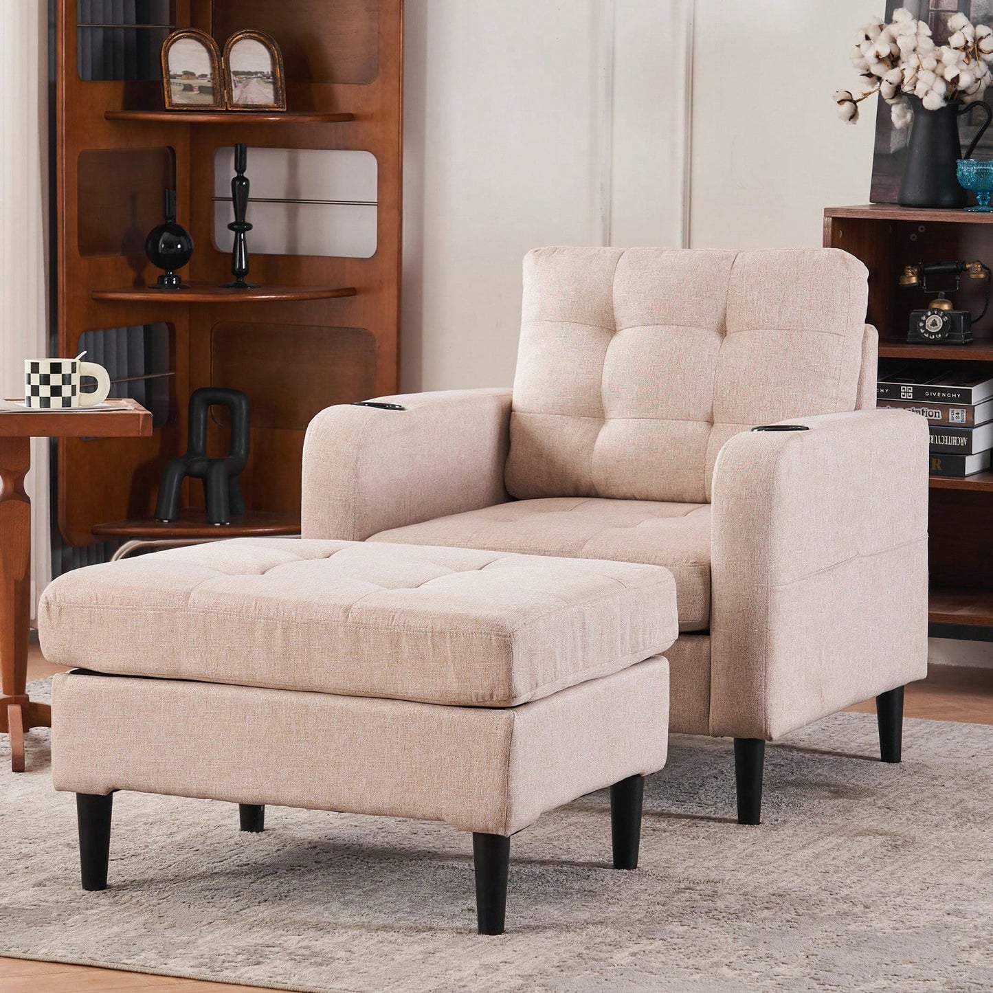 Tufted Upholstered Armchair and Storage Ottoman Set with Cup Holders and Side Pocket for Living Room or Bedroom