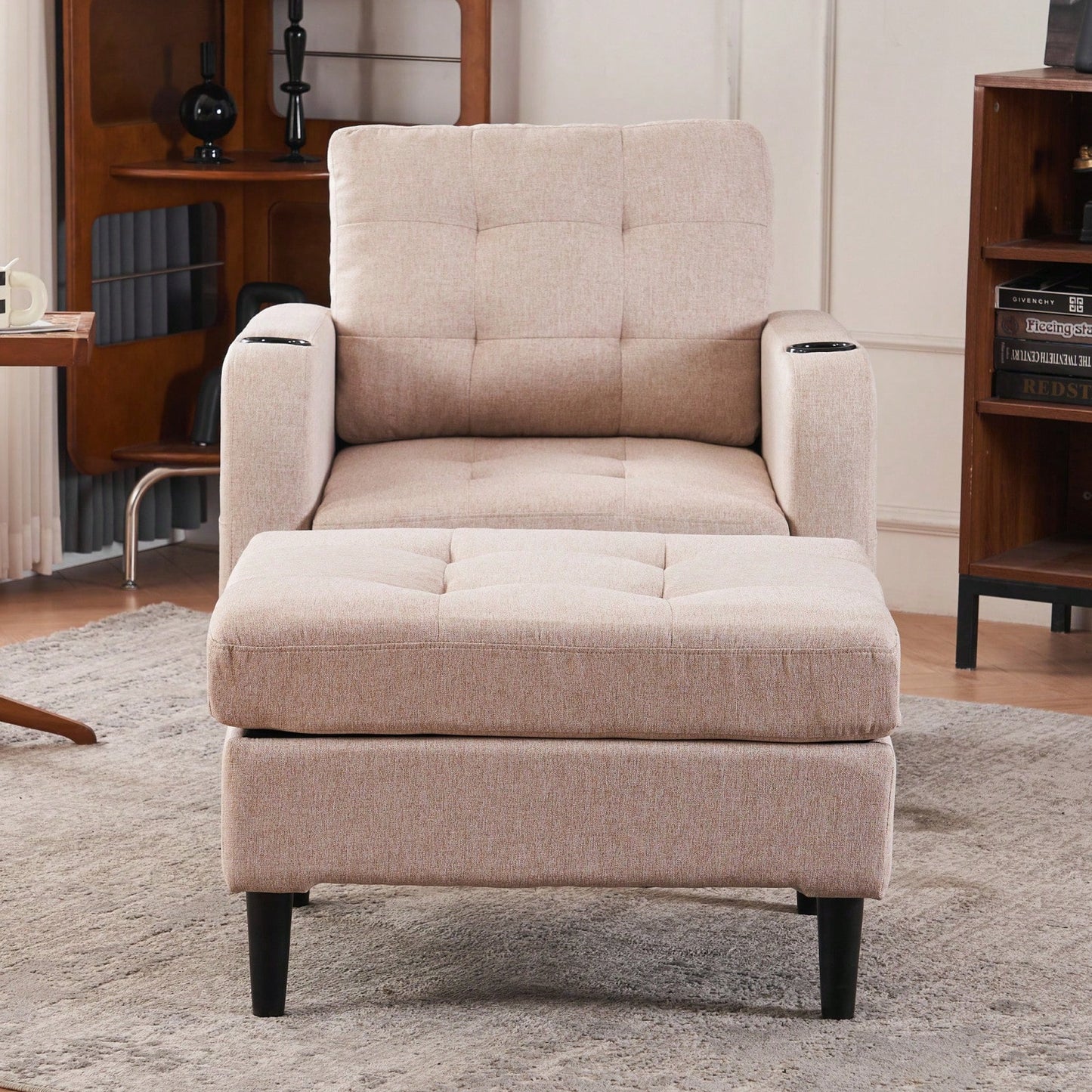 Tufted Upholstered Armchair and Storage Ottoman Set with Cup Holders and Side Pocket for Living Room or Bedroom