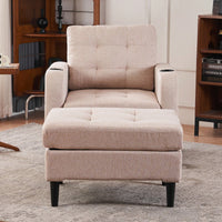 Tufted Upholstered Armchair and Storage Ottoman Set with Cup Holders and Side Pocket for Living Room or Bedroom