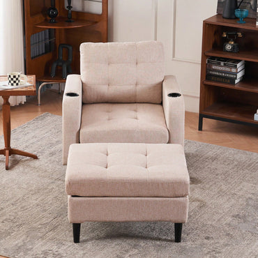 Tufted Upholstered Armchair and Storage Ottoman Set with Cup Holders and Side Pocket for Living Room or Bedroom