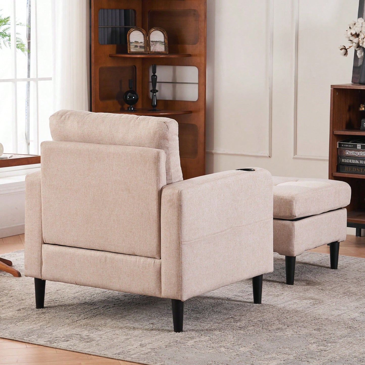 Tufted Upholstered Armchair and Storage Ottoman Set with Cup Holders and Side Pocket for Living Room or Bedroom