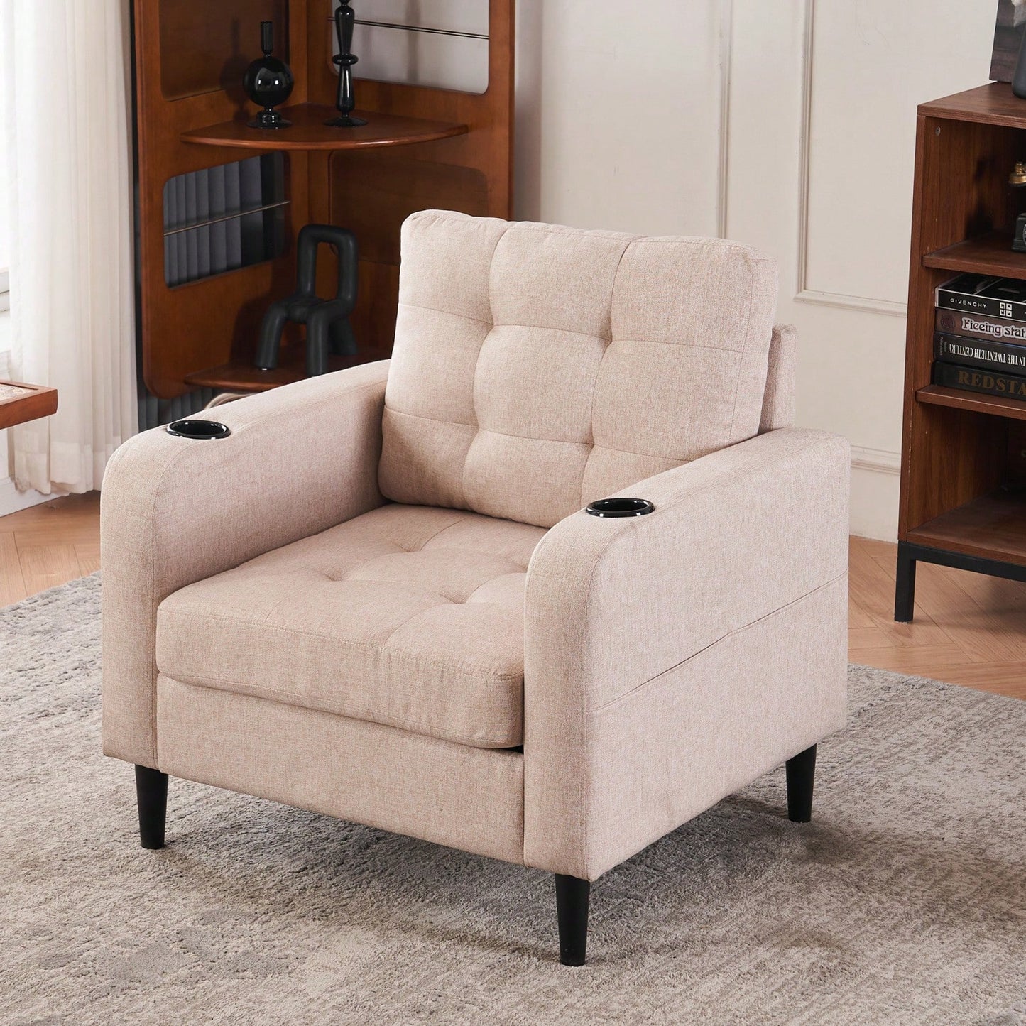 Tufted Upholstered Armchair and Storage Ottoman Set with Cup Holders and Side Pocket for Living Room or Bedroom