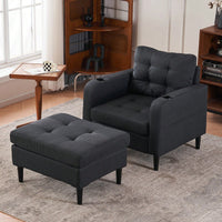 Tufted Upholstered Armchair and Storage Ottoman Set with Cup Holders and Side Pocket for Living Room or Bedroom