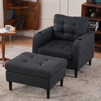 Tufted Upholstered Armchair and Storage Ottoman Set with Cup Holders and Side Pocket for Living Room or Bedroom