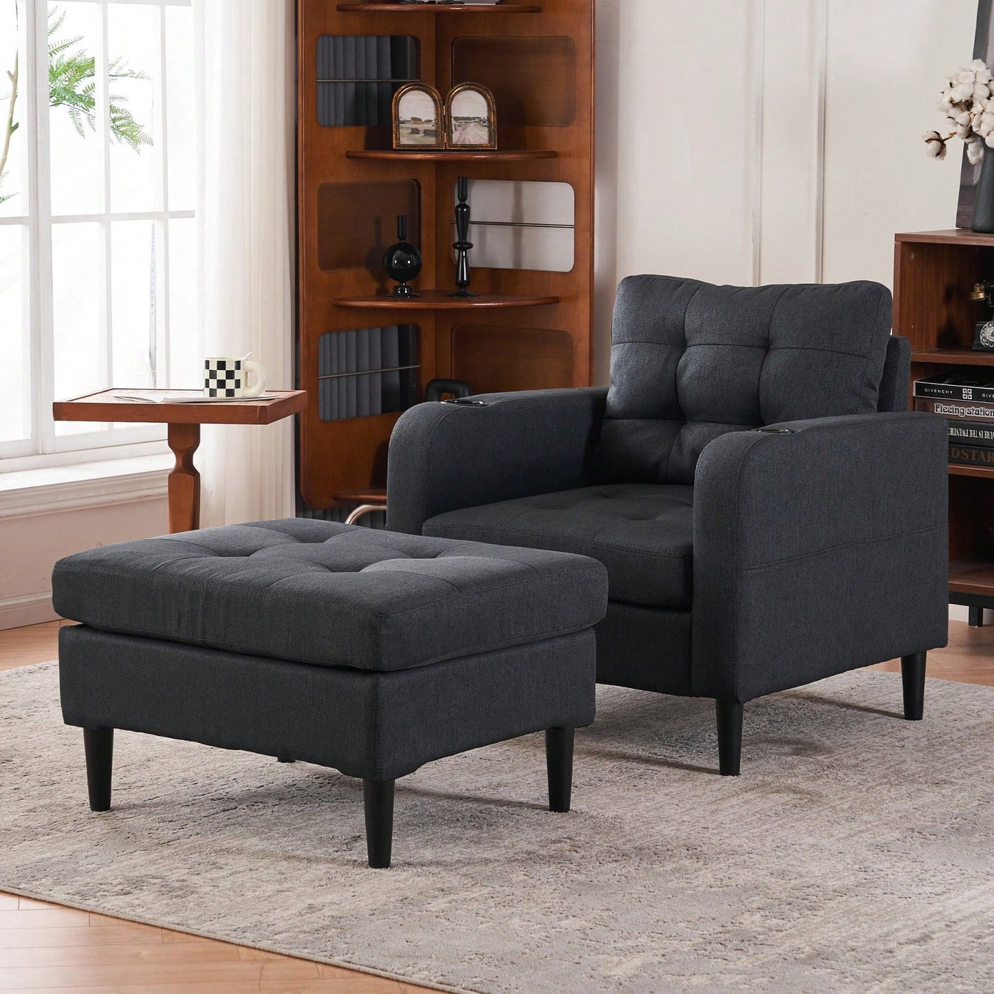 Tufted Upholstered Armchair and Storage Ottoman Set with Cup Holders and Side Pocket for Living Room or Bedroom