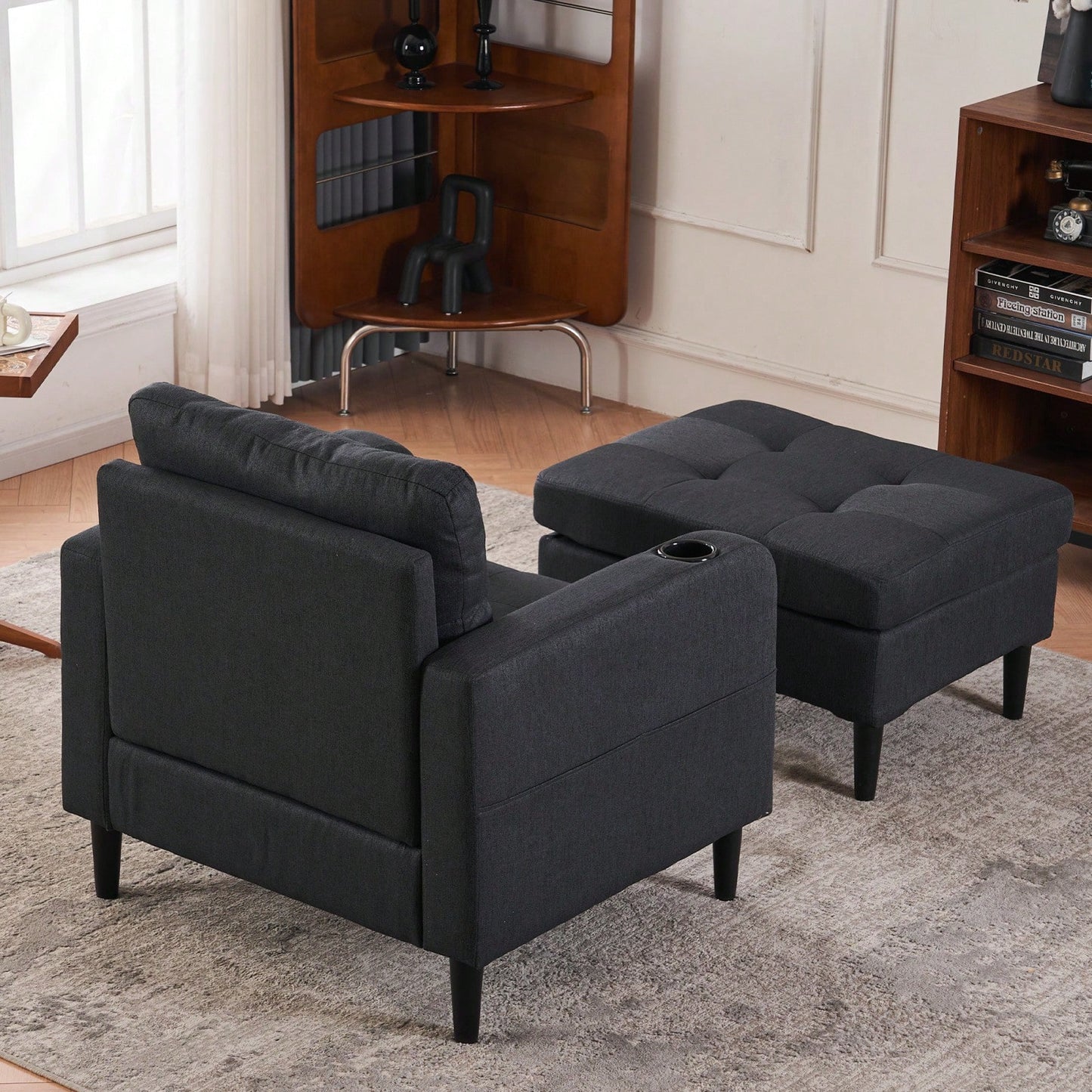 Tufted Upholstered Armchair and Storage Ottoman Set with Cup Holders and Side Pocket for Living Room or Bedroom