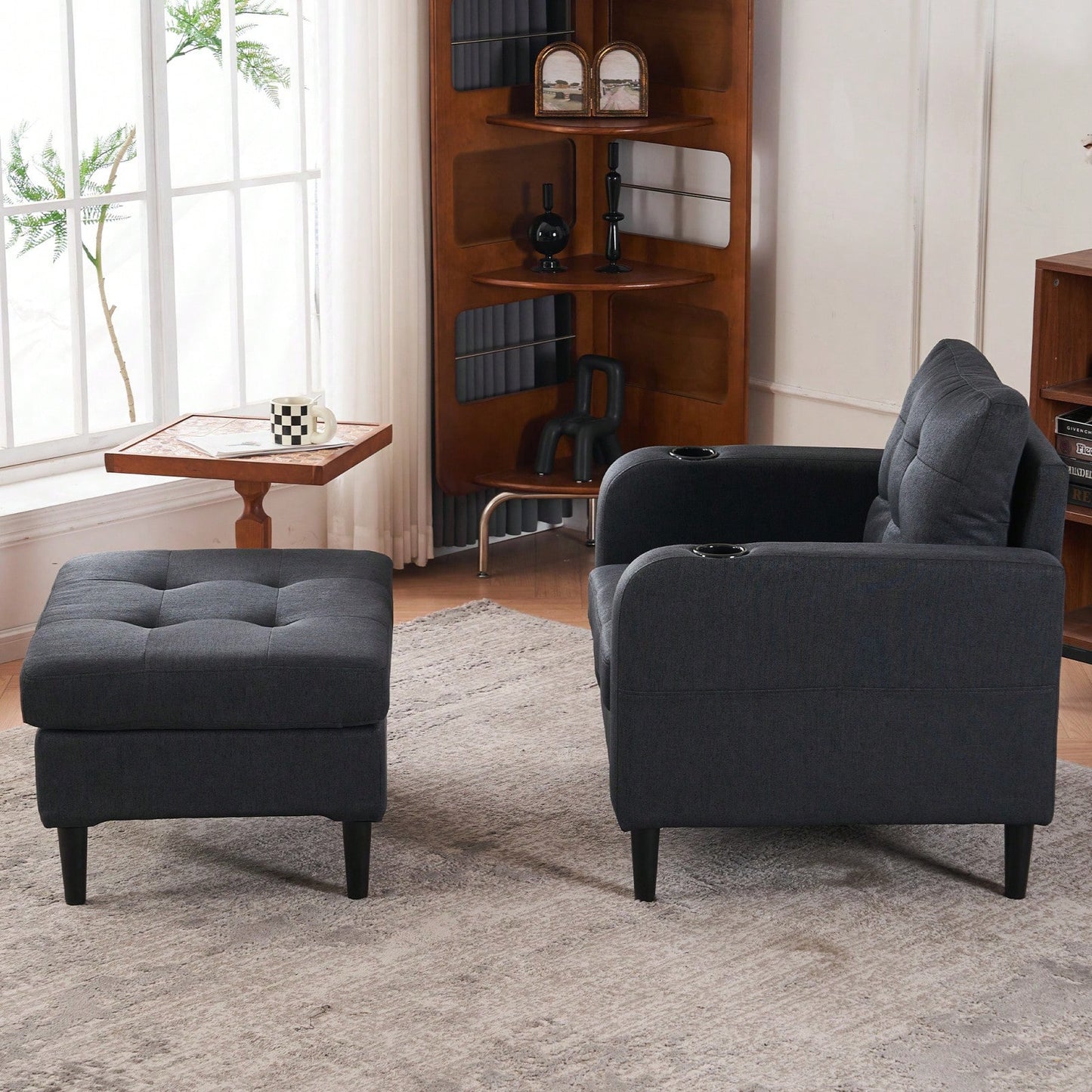 Tufted Upholstered Armchair and Storage Ottoman Set with Cup Holders and Side Pocket for Living Room or Bedroom