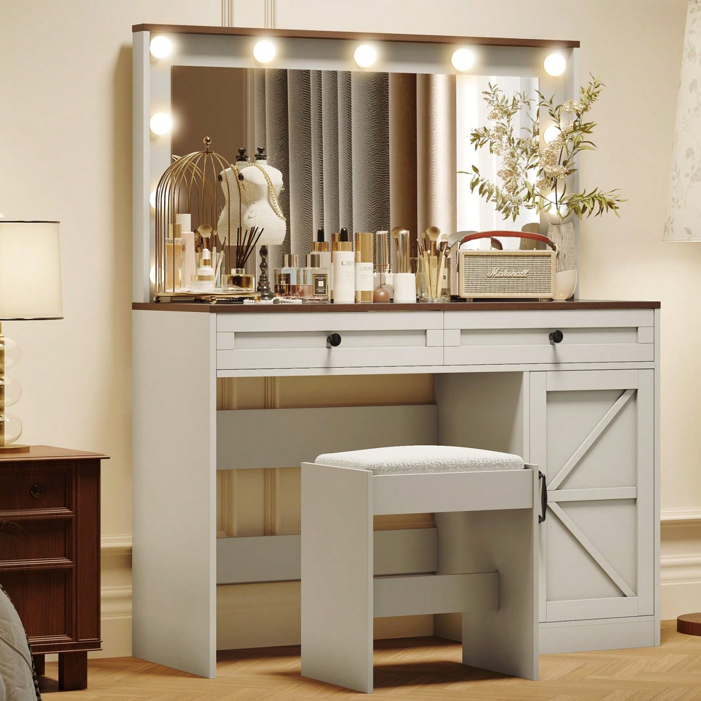 Elegant Makeup Vanity Table with Large Mirror and 11 Adjustable LED Lights, 3 Drawer Dressing Desk in White with Stool for Bedroom