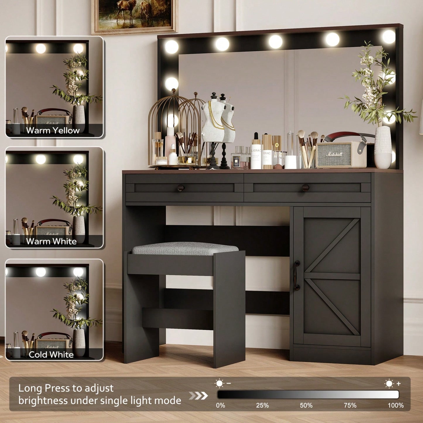 Elegant Makeup Vanity Table with Large Mirror and 11 Adjustable LED Lights, 3 Drawer Dressing Desk in White with Stool for Bedroom