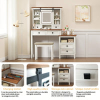 46.5 Inch Rustic Farmhouse Makeup Vanity Desk with LED Mirror Charging Station and Cushioned Stool for Women
