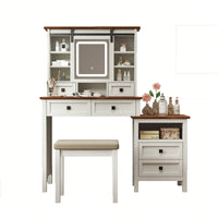 46.5 Inch Rustic Farmhouse Makeup Vanity Desk with LED Mirror Charging Station and Cushioned Stool for Women