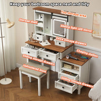 46.5 Inch Rustic Farmhouse Makeup Vanity Desk with LED Mirror Charging Station and Cushioned Stool for Women