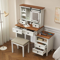 46.5 Inch Rustic Farmhouse Makeup Vanity Desk with LED Mirror Charging Station and Cushioned Stool for Women