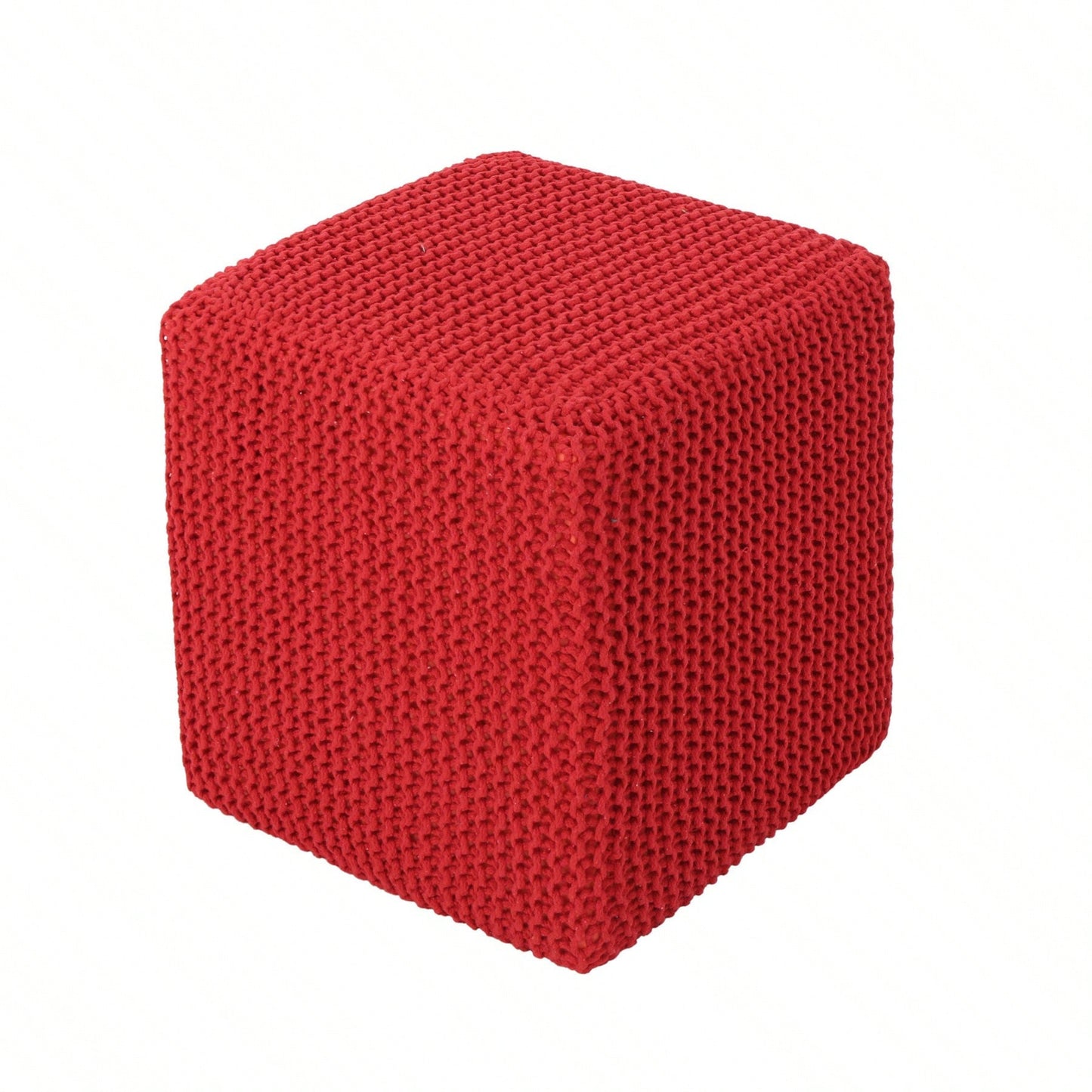 Charming Red Knitted Foot Stool - Plush Cotton Thread Ottoman For Cozy Spaces