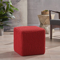 Charming Red Knitted Foot Stool - Plush Cotton Thread Ottoman For Cozy Spaces