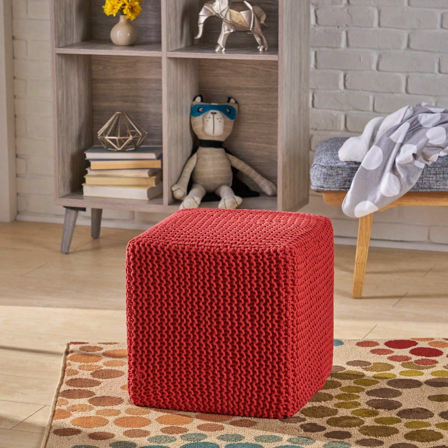 Charming Red Knitted Foot Stool - Plush Cotton Thread Ottoman For Cozy Spaces