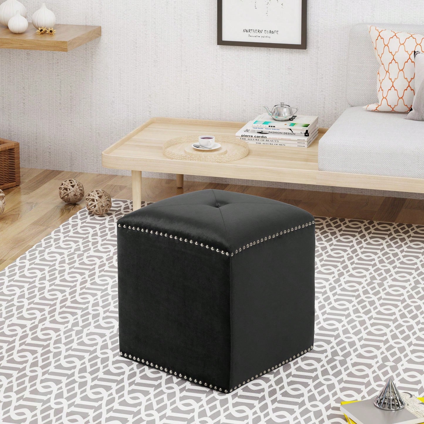 Luxurious Square Ottoman With Studded Trim - Velvet Upholstery, Extra Cushioning - Footrest, Extra Seating, Contemporary Style
