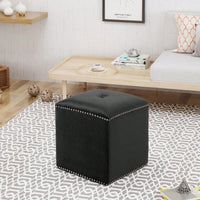 Luxurious Square Ottoman With Studded Trim - Velvet Upholstery, Extra Cushioning - Footrest, Extra Seating, Contemporary Style