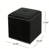 Luxurious Square Ottoman With Studded Trim - Velvet Upholstery, Extra Cushioning - Footrest, Extra Seating, Contemporary Style