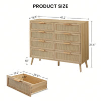 Natural Rattan Double Dresser with 8 Drawers Multi-Functional Storage Cabinet for Kids Room Living Room Entryway 47.2W x 15.8D x 37.4H