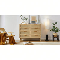 Natural Rattan Double Dresser with 8 Drawers Multi-Functional Storage Cabinet for Kids Room Living Room Entryway 47.2W x 15.8D x 37.4H