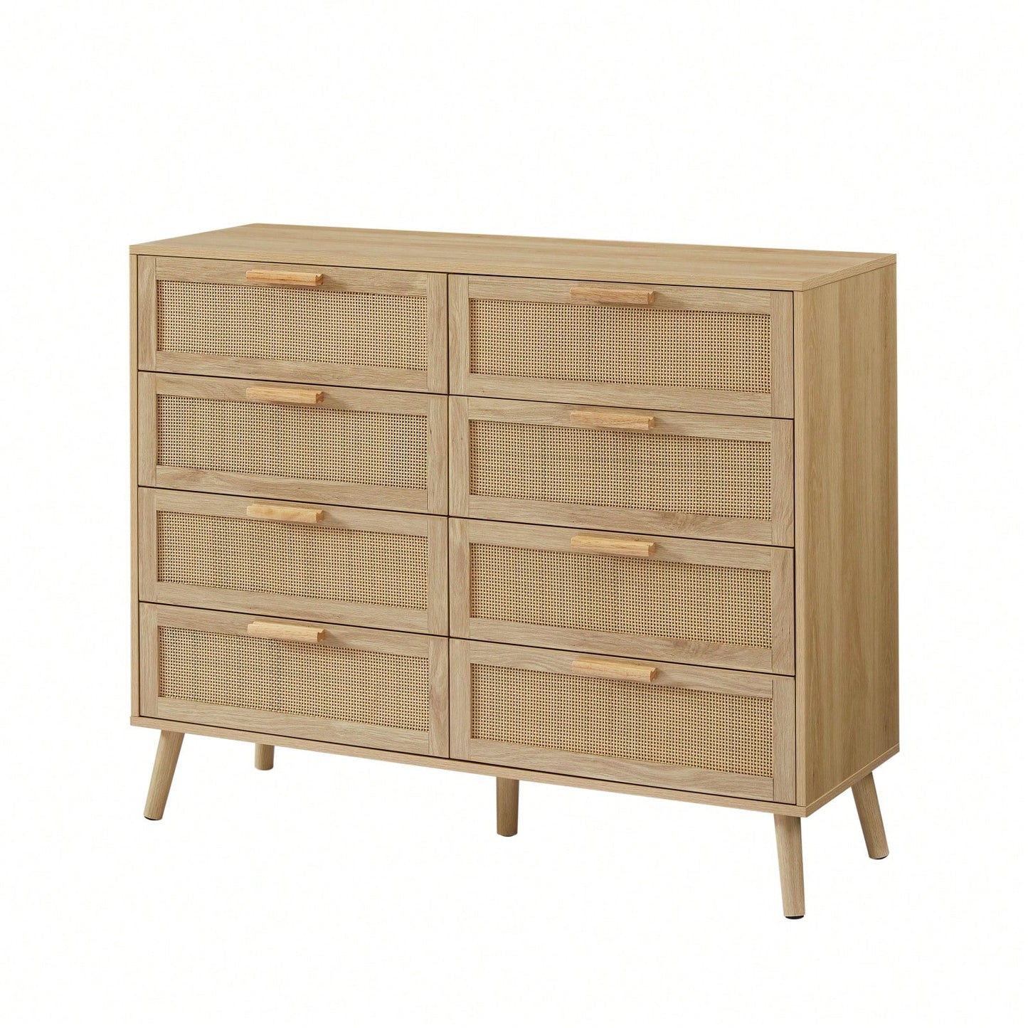 Natural Rattan Double Dresser with 8 Drawers Multi-Functional Storage Cabinet for Kids Room Living Room Entryway 47.2W x 15.8D x 37.4H