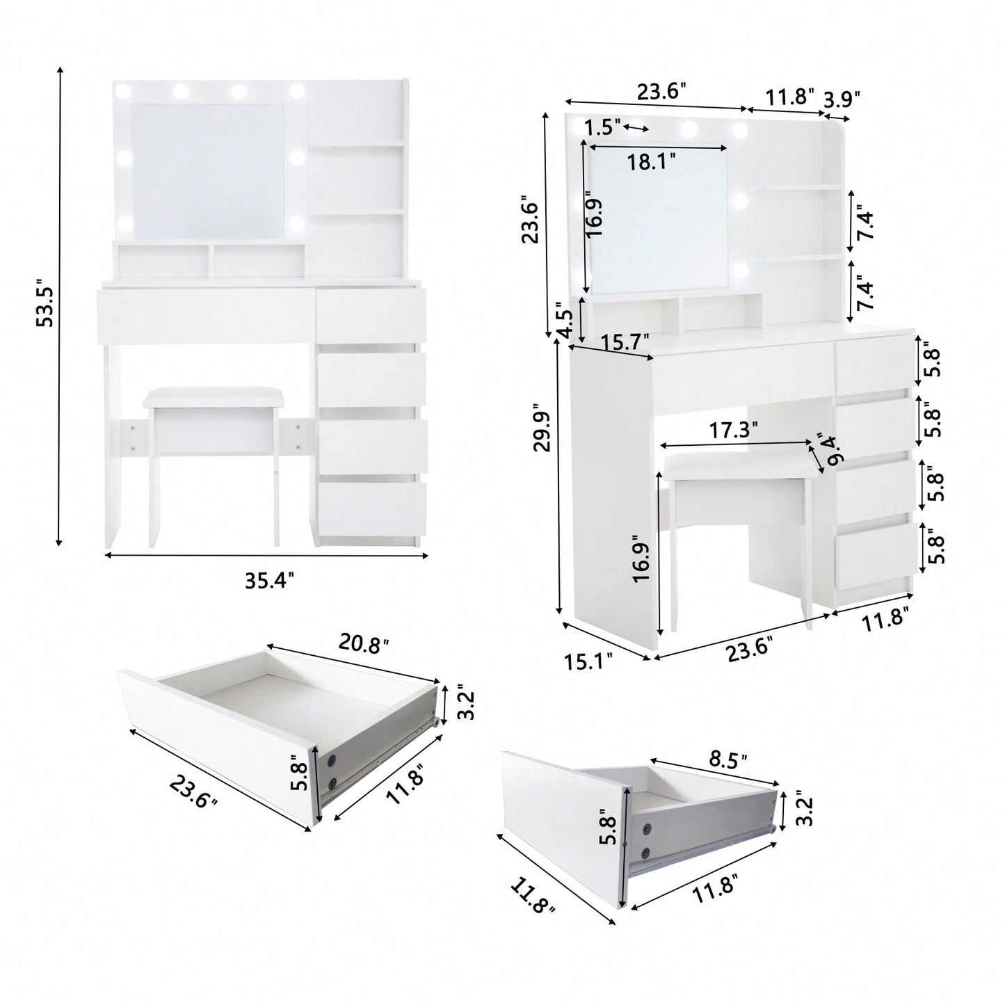 Elegant Vanity Makeup Desk with LED Mirror Lights Charging Station and Cushioned Stool Ample Storage 3 Lighting Modes