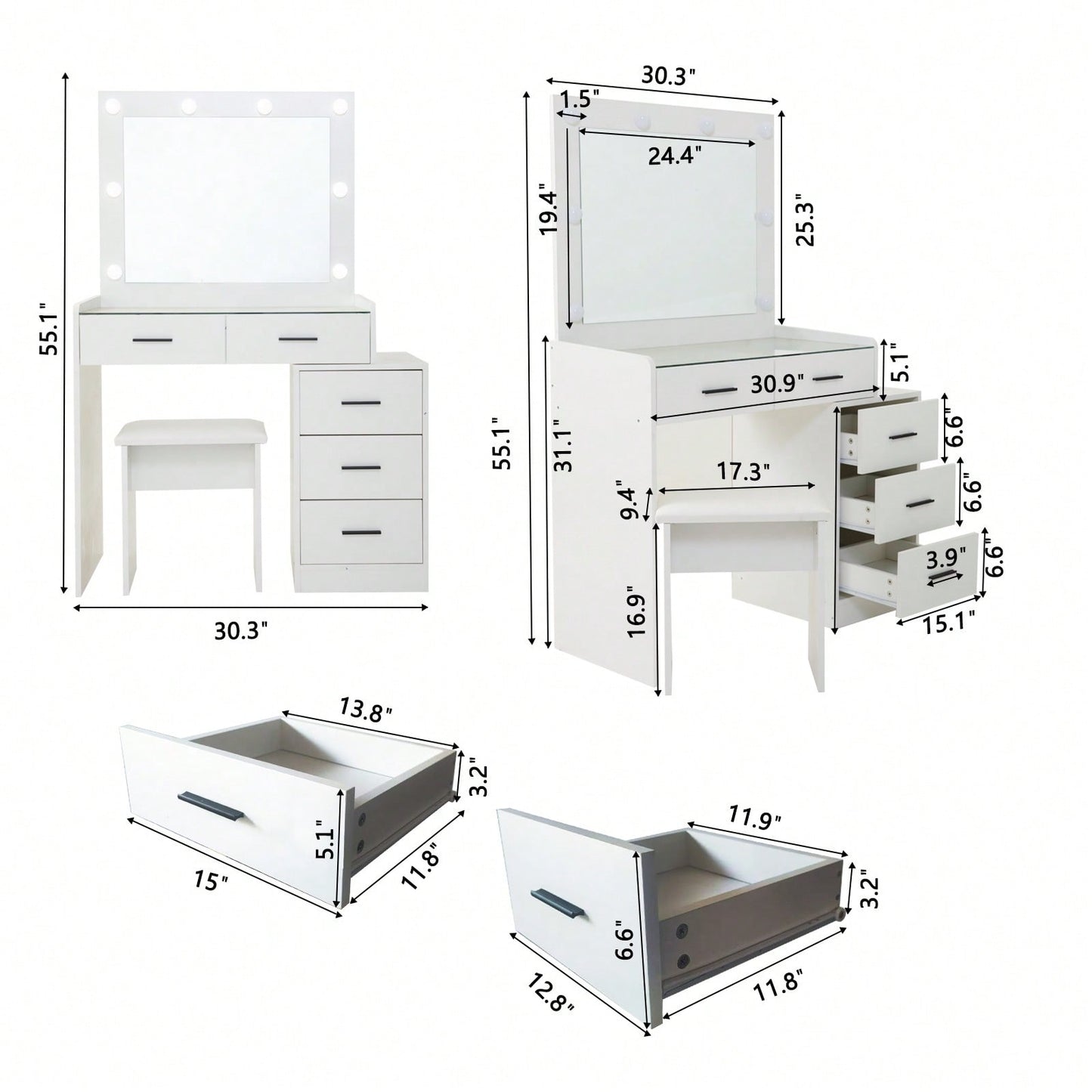 Stylish Adjustable Dressing Table with LED Mirror 4 Lockable Drawers Soft Stool and Sliding Design