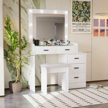Stylish Adjustable Dressing Table with LED Mirror 4 Lockable Drawers Soft Stool and Sliding Design