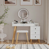 Dressing Table With LED Lights And Glass Top Extendable Side Table 5 Drawers Mirror Stool For Bedroom Makeup Vanity Storage Cabinet