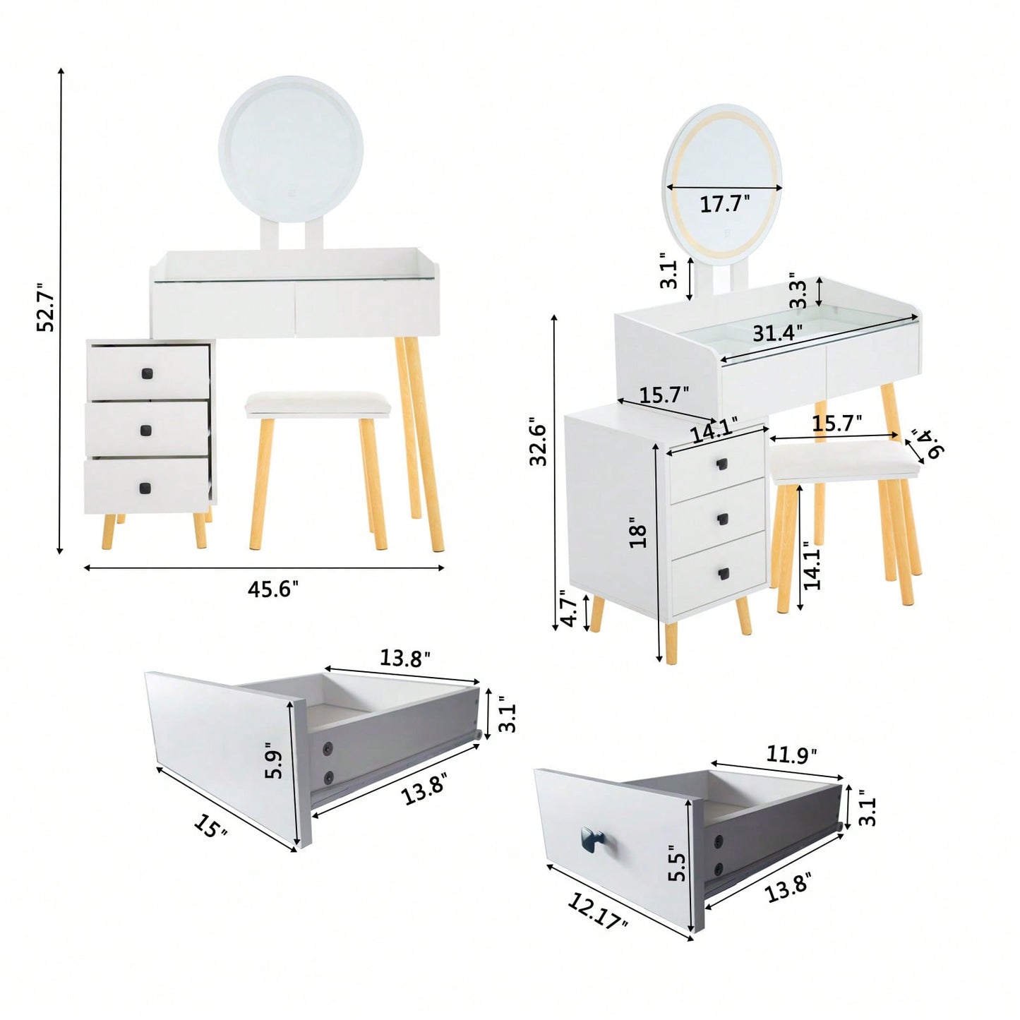 Dressing Table With LED Lights And Glass Top Extendable Side Table 5 Drawers Mirror Stool For Bedroom Makeup Vanity Storage Cabinet